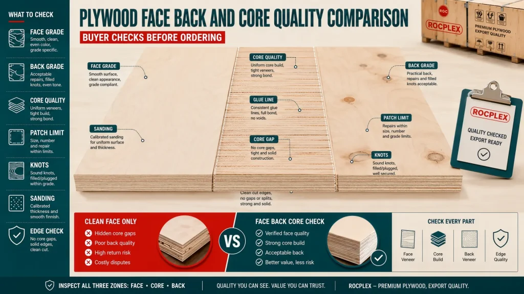Plywood face back and core comparison with veneer quality, patches, knots, sanding, glue lines, and core gap checks