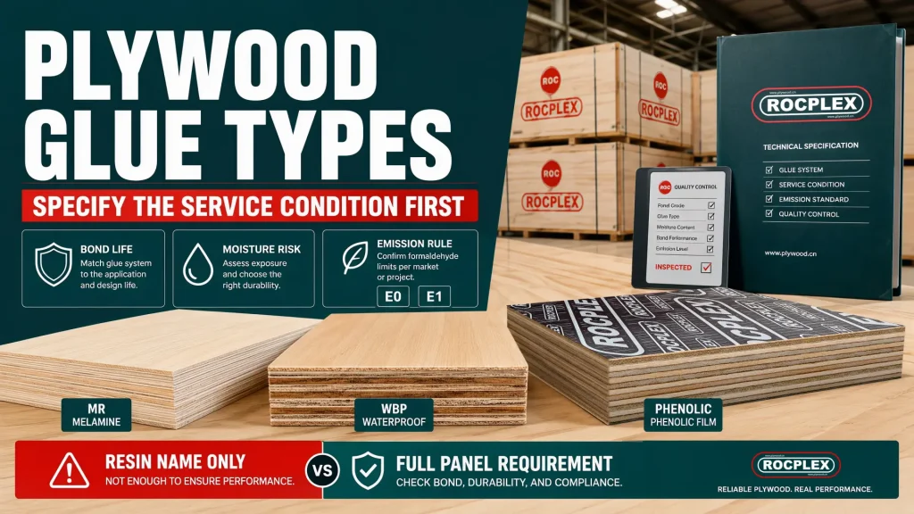 Plywood glue types guide for bond durability moisture exposure and emission control Plywood glue types comparison covering MR WBP phenolic melamine E0 E1 moisture risk bond life and emission rules