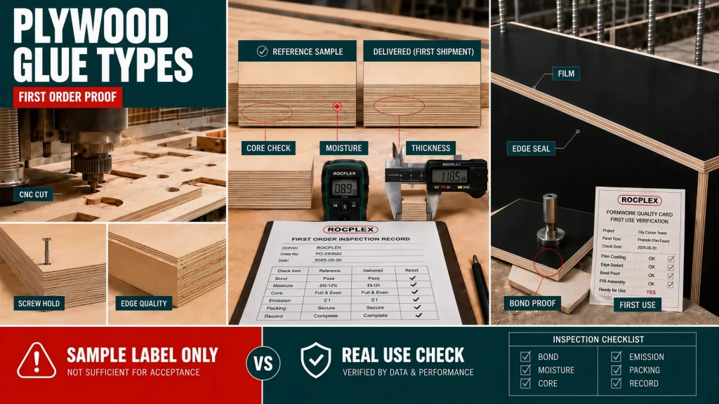 Plywood glue types first order proof through machining moisture and bond-related checks Plywood glue types first order inspection with sample check CNC cut screw hold edge banding formwork film moisture and quality records
