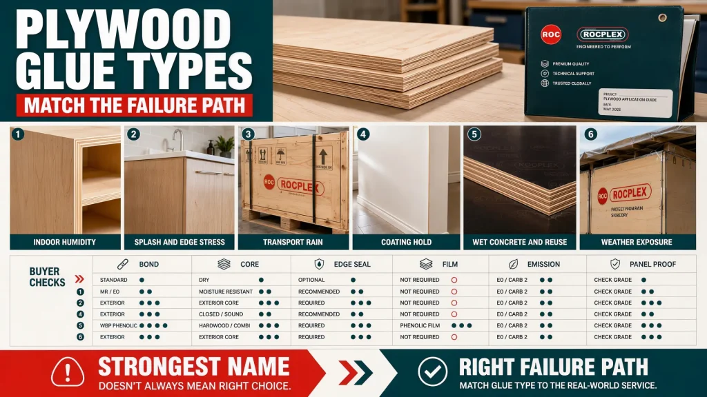Plywood glue types matched to moisture exposure and end-use failure risk Plywood glue types by product use showing indoor humidity splash water transport rain wet concrete and reuse risk