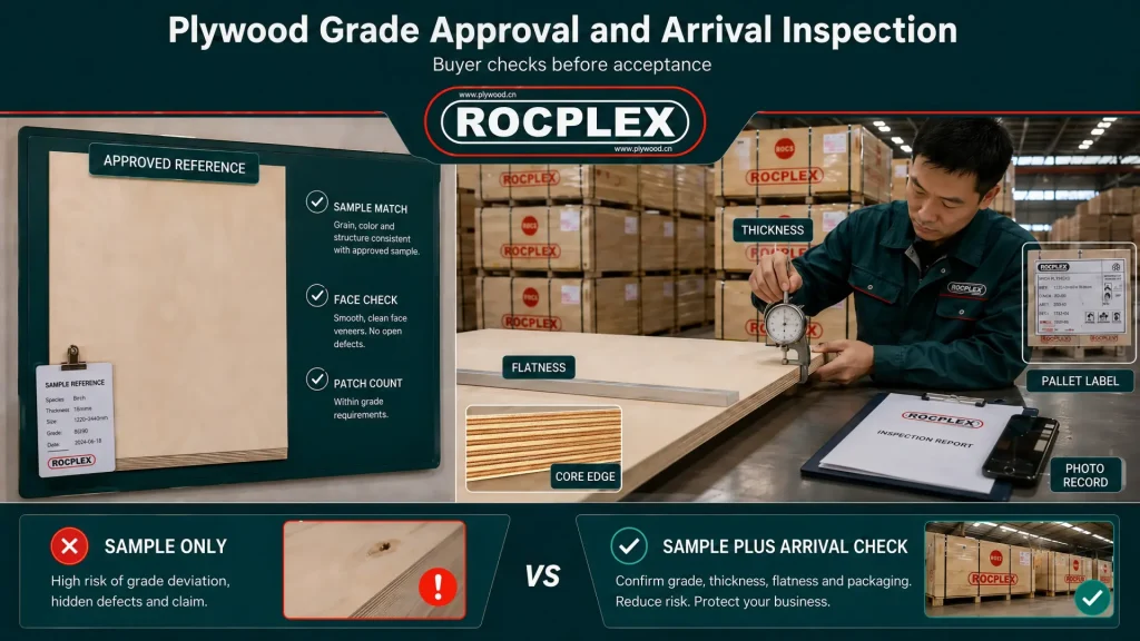 Plywood grade approval and arrival inspection with reference sample, face defect check, core edge review, thickness measure, pallet labels, and shipment records