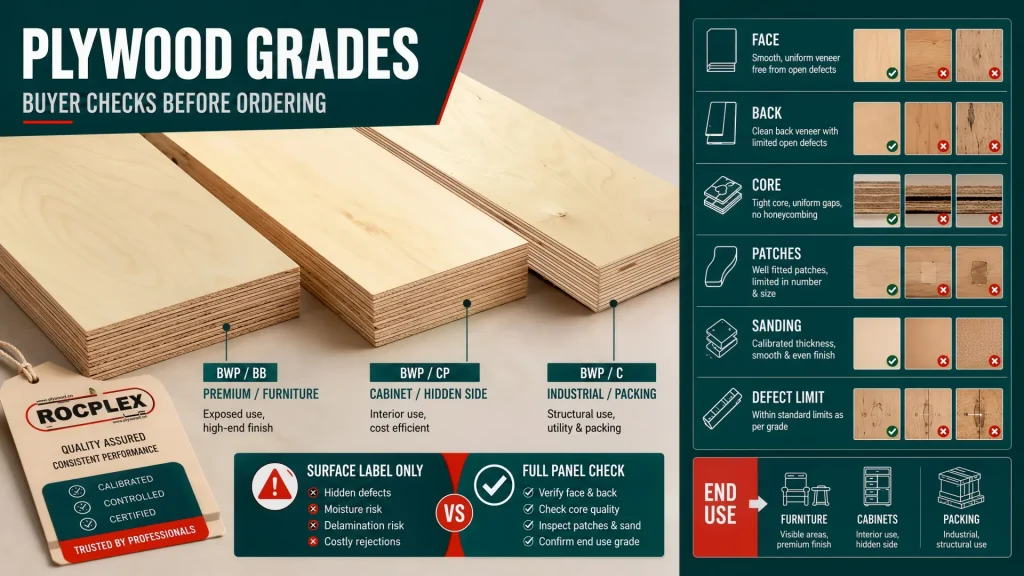 Plywood grades buyer guide comparing face quality, back grade, core build, repair level, sanding, defects, and panel use