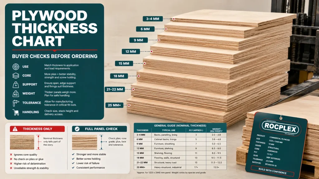 Plywood thickness chart for buyers and builders covering panel thickness core quality common uses and handling value Plywood thickness chart showing panel thickness, core build, common uses, handling weight, support needs, and buyer selection checks