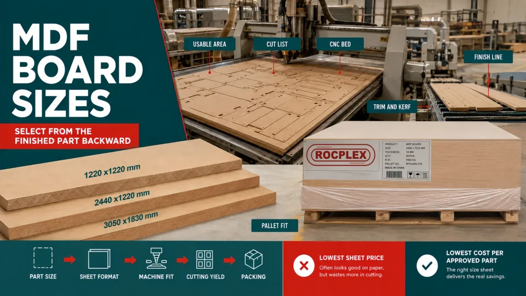 MDF board sizes guide showing common panel formats usable cutting area CNC machine fit furniture parts finishing lines and pallet control
