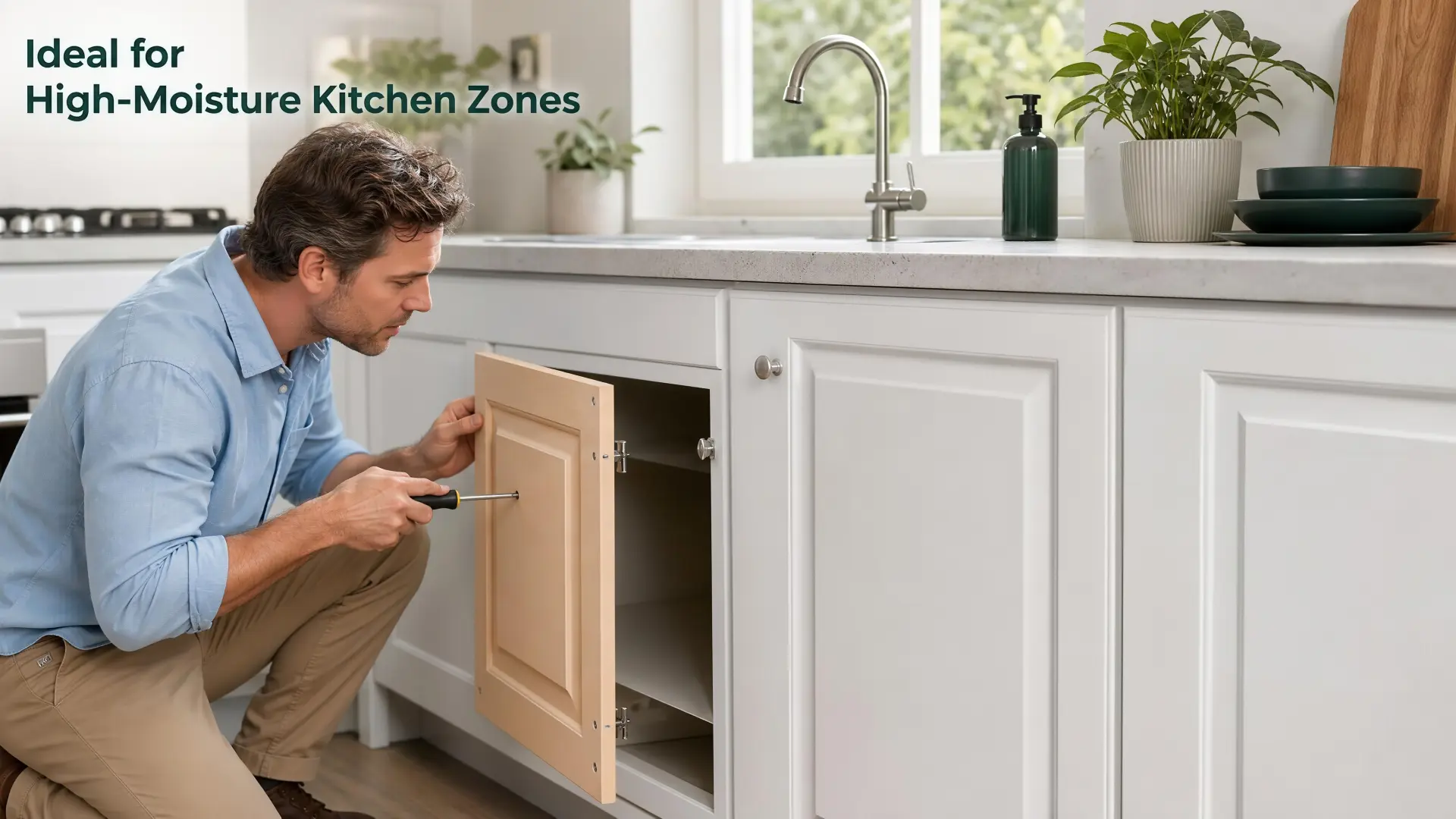 MDF for Cabinets Moisture Zones and Finished Part Approval MDF for cabinets kitchen moisture map showing dry cabinet zone humid sink area moisture resistant MDF sealed edges and finished part inspection