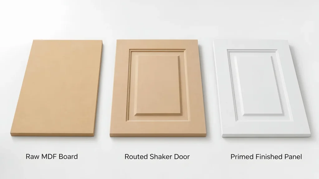 MDF for Cabinets Painted Door Routing and Hardware Control MDF for cabinets technical comparison showing raw MDF CNC routed shaker door painted finish hinge cup drilling screw fixing and finished door approval