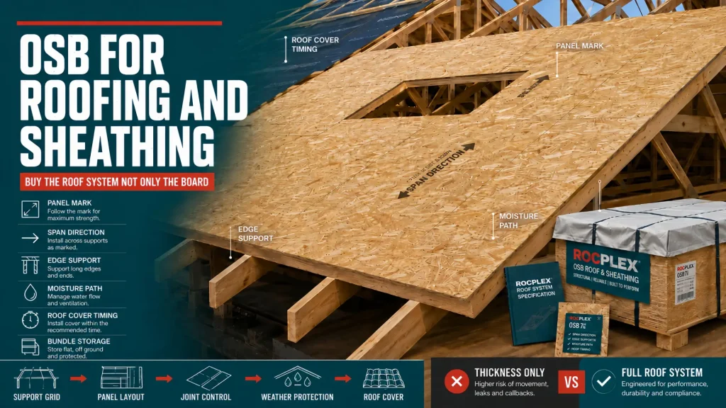 OSB for roofing guide for roof sheathing support layout moisture control and installation planning OSB for roofing guide showing roof sheathing panel direction support grid moisture risk edge support roof cover and bundle storage