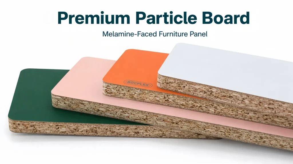 What is particle board structure and furniture surface options What is particle board showing fine face layers, a coarse particle core and a melamine-faced furniture panel