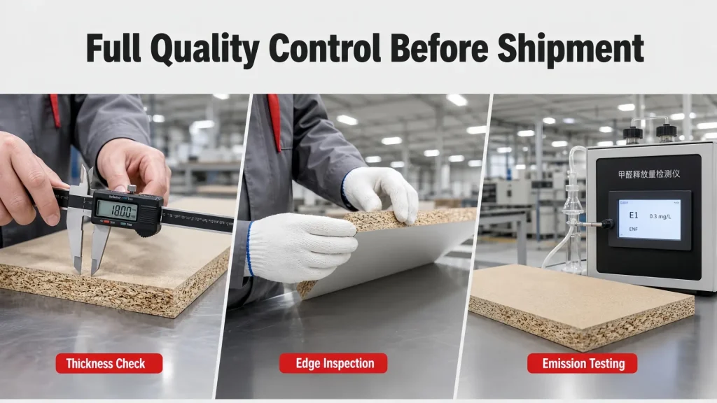 What is particle board quality control before a wholesale shipment What is particle board quality control showing thickness, core, edge, fitting and emission checks before wholesale shipment