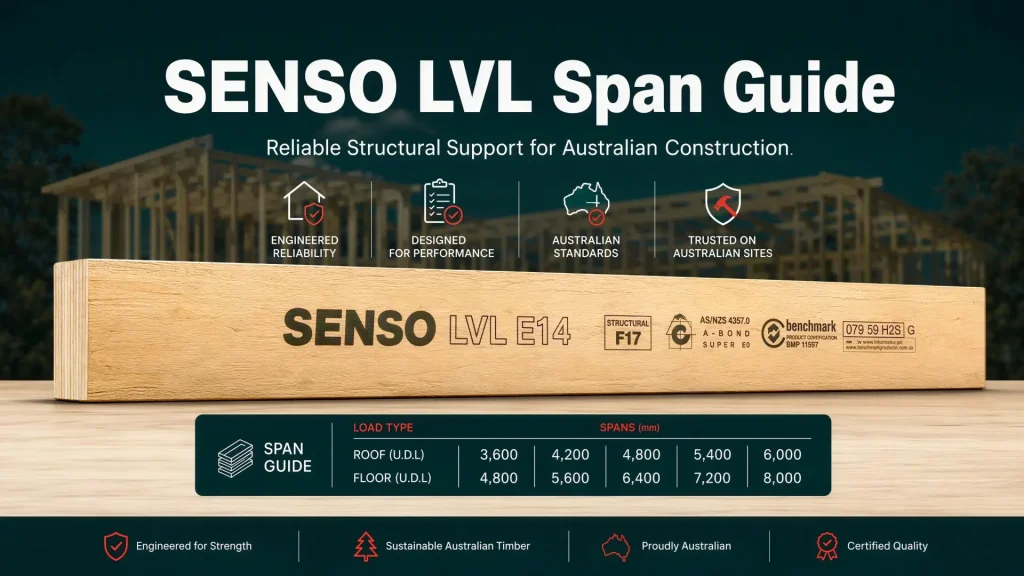 LVL span guide for structural beam design checks LVL span guide showing a SENSO structural beam with load path, support and deflection checks