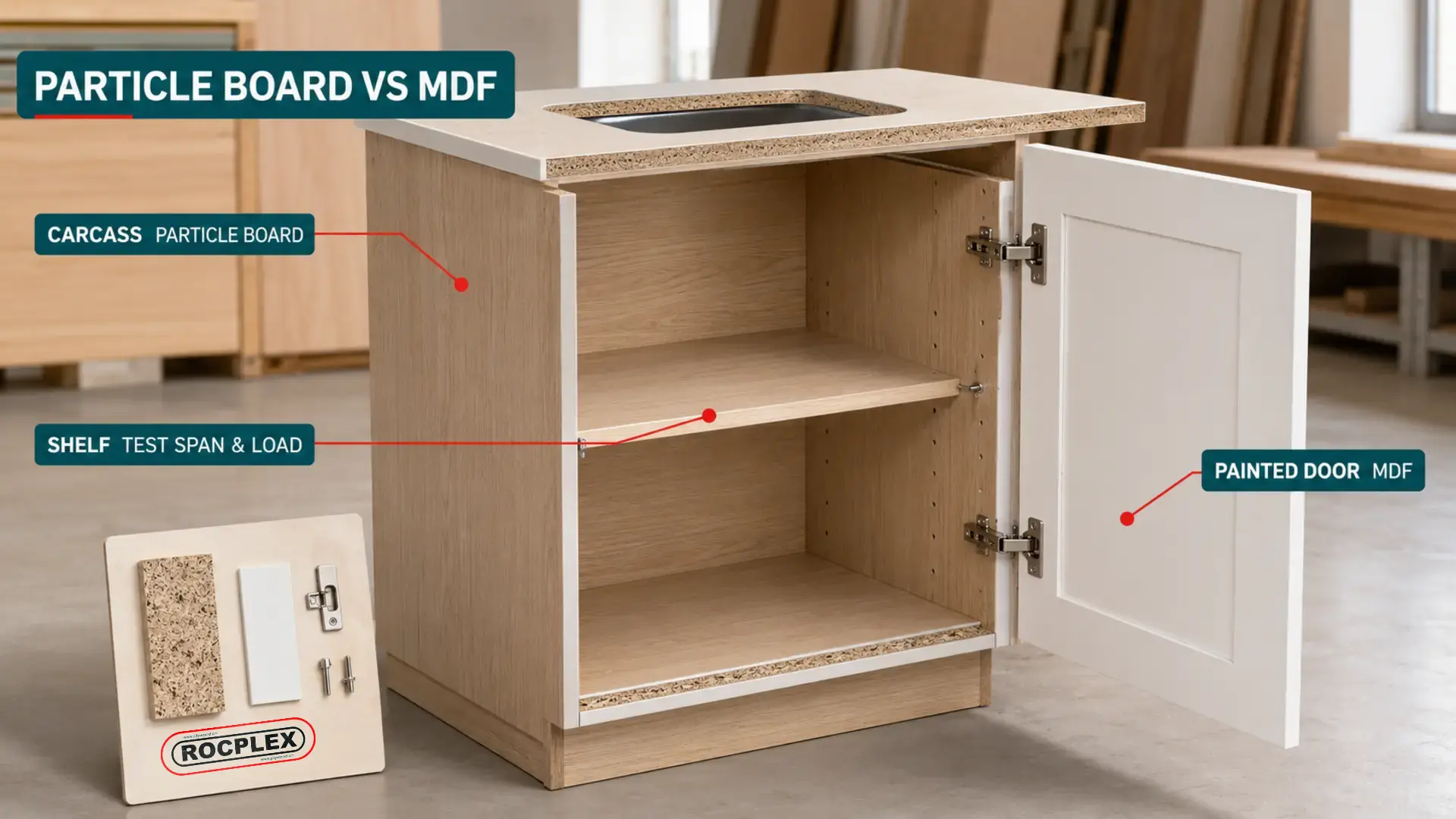 Particle Board vs MDF Cabinet Component Map Particle board vs MDF cabinet map showing a particle board carcass, painted MDF door and tested shelf