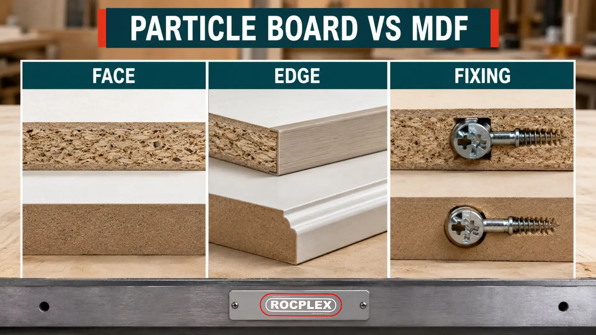 Particle Board vs MDF Face Edge and Fixing Comparison Particle board vs MDF face, machined edge and fixing-zone comparison with furniture hardware