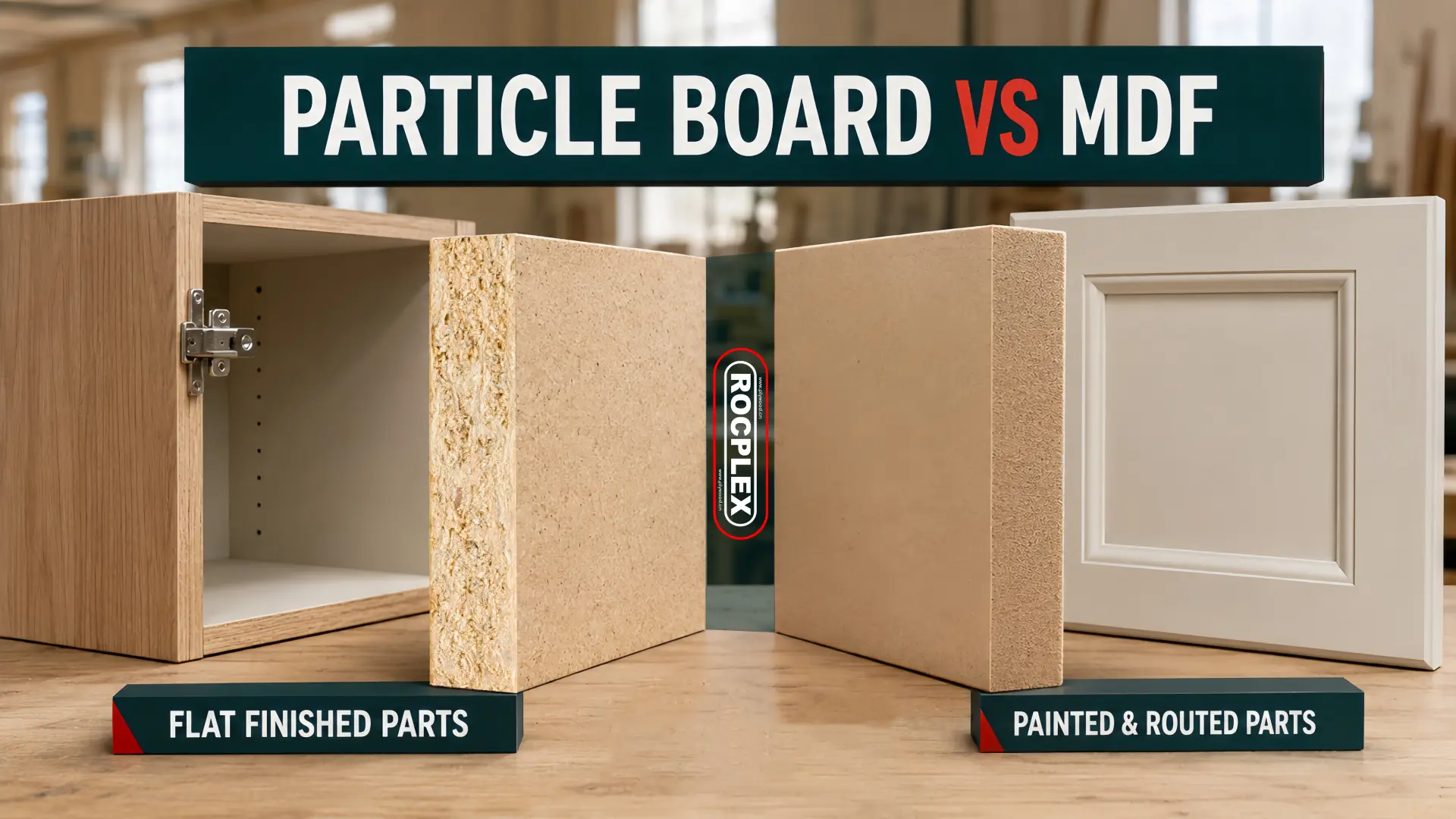 Particle Board vs MDF Which Panel Fits Each Furniture Part Particle board vs MDF comparison showing cabinet carcasses, flat finished parts and painted routed components