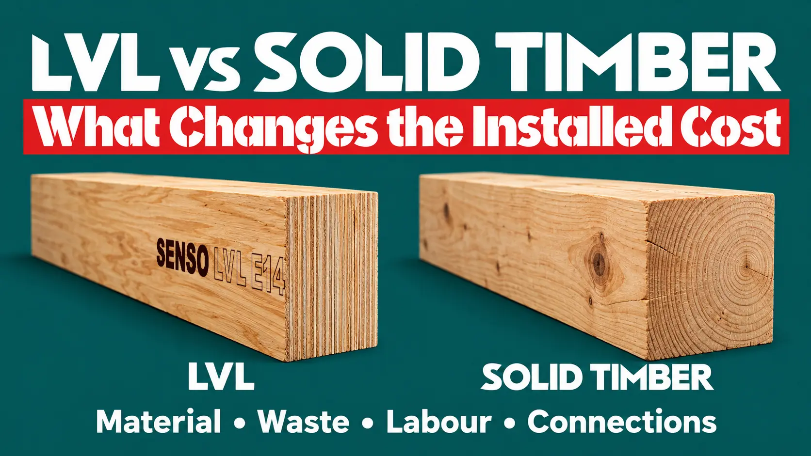 LVL vs solid timber comparison with veneer edges, sawn grain and finished sections